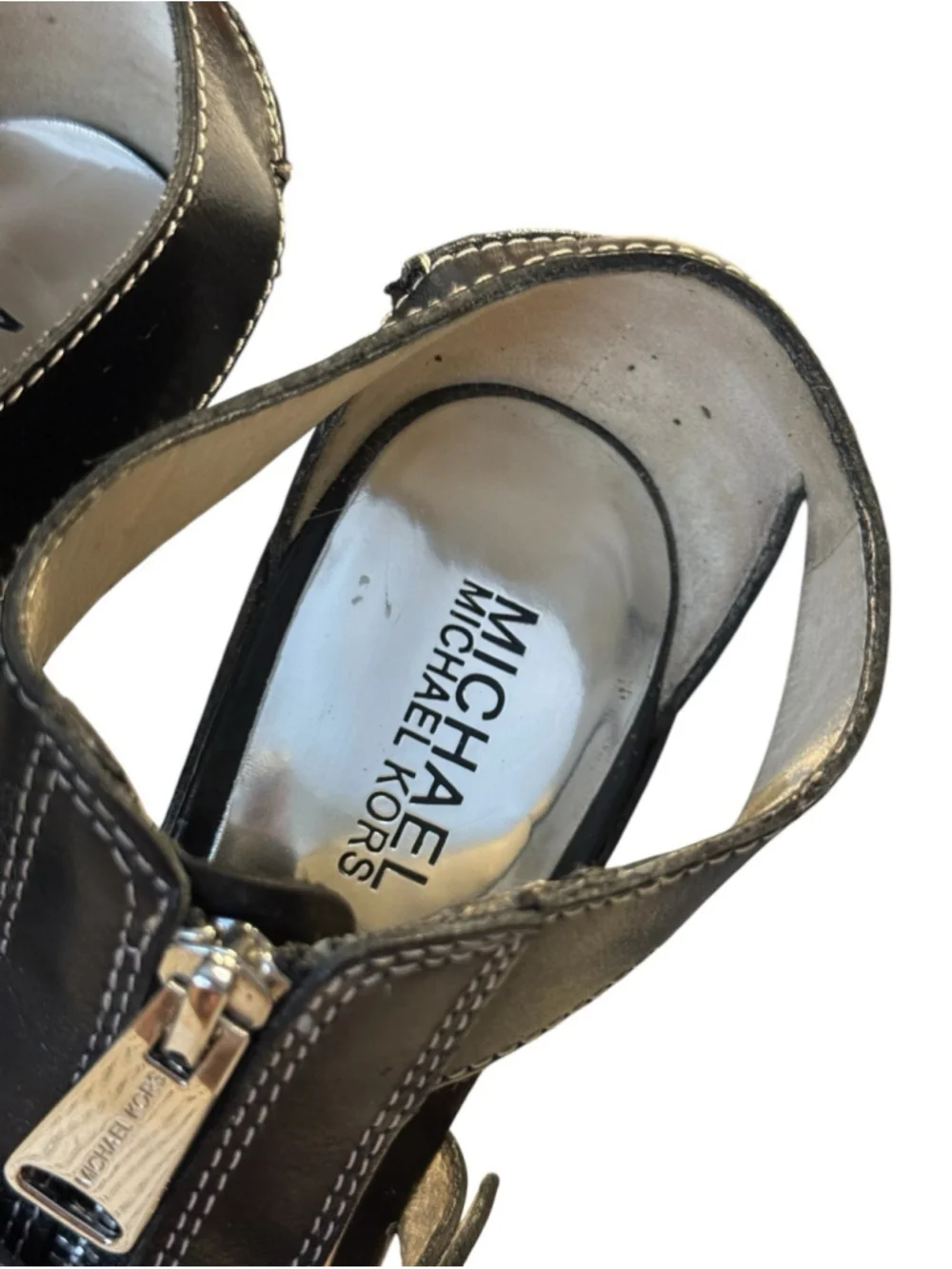 Michael Kors Black Leather Platform Sandals Zip Buckle High Heel Womens Size 8.5